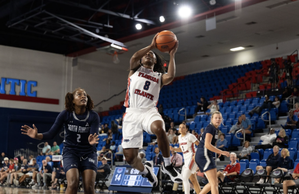 Guard Stefanie Ingram driving to the basket and attempting a layup at the women’s basketball home game vs. UNF